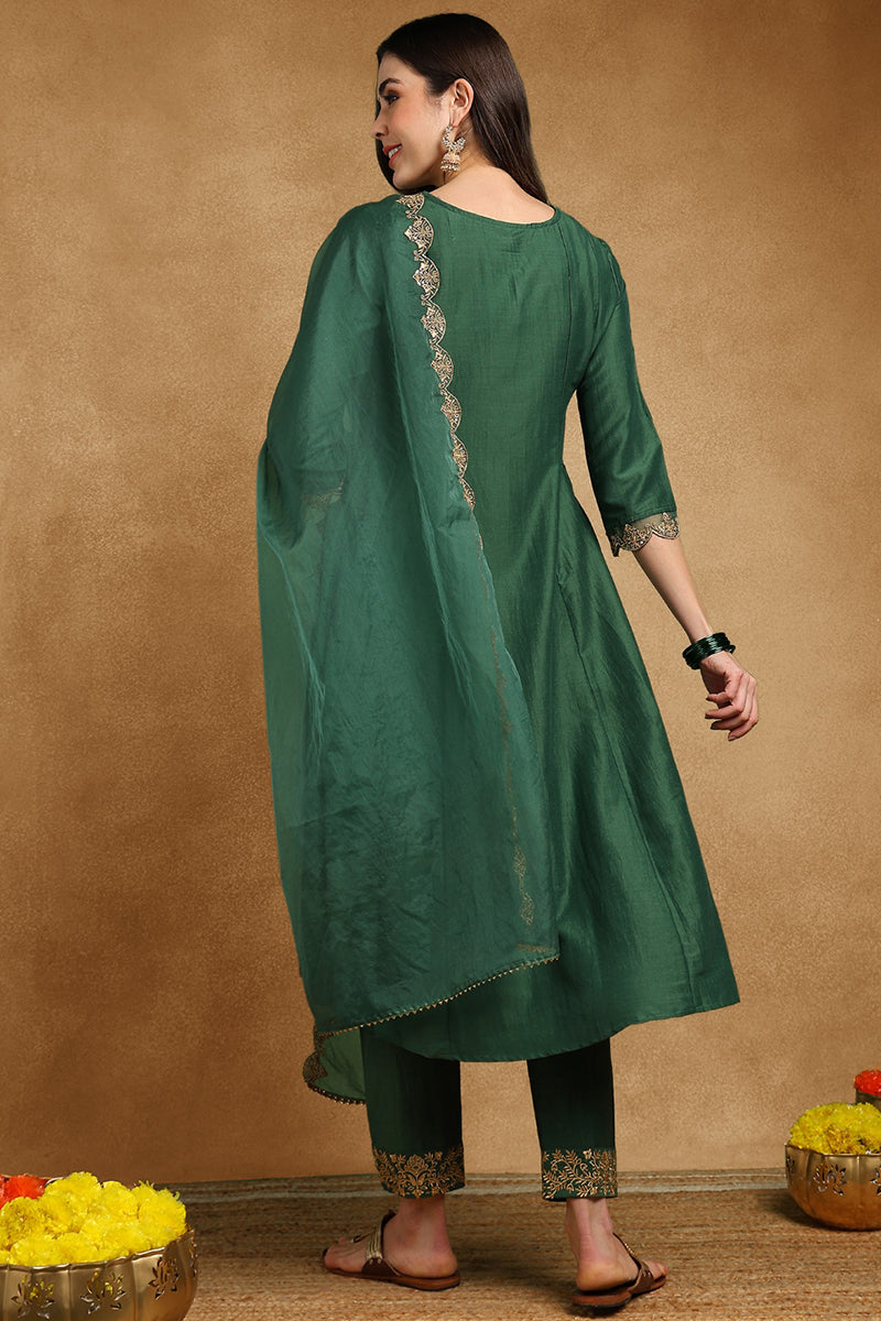 Green Silk Blend Solid Embroidered Anarkali Suit Set With Trouser Bott