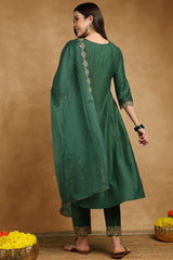 Green Silk Blend Solid Embroidered Anarkali Suit Set With Trouser Bottom PKSKD2733