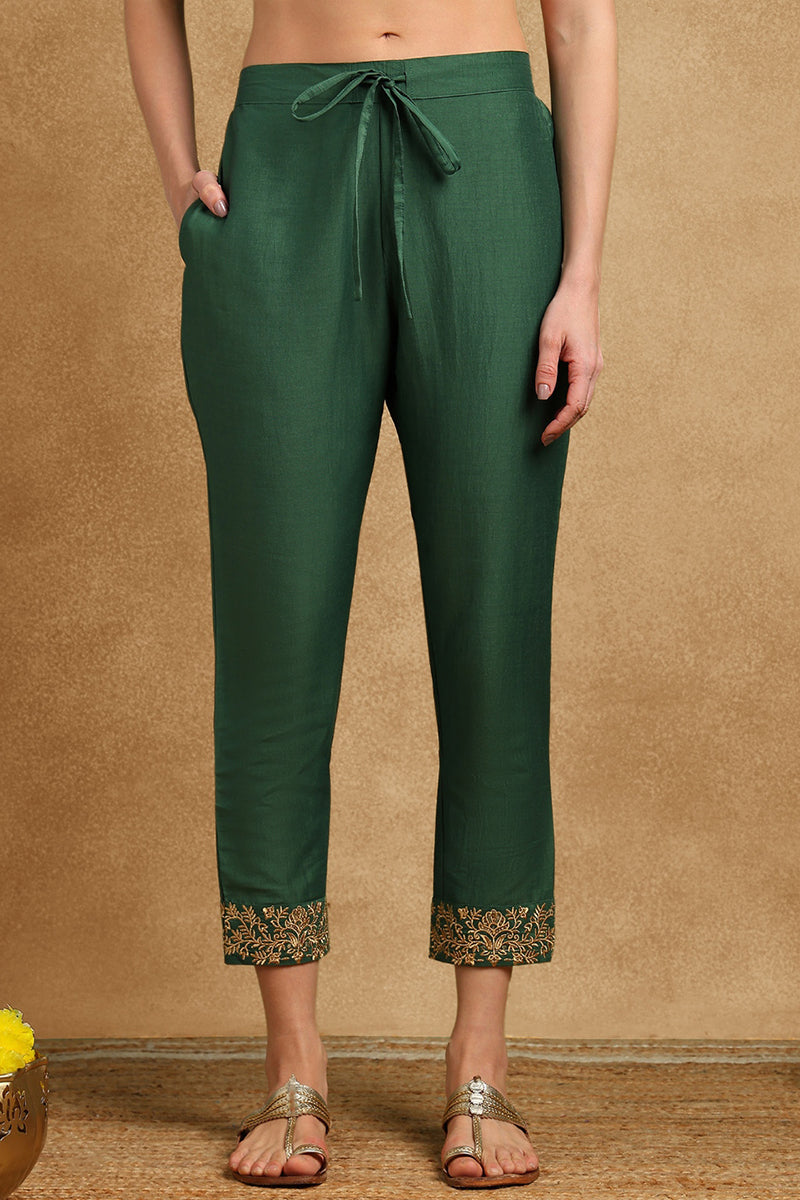 Green Silk Blend Solid Embroidered Anarkali Suit Set With Trouser Bott