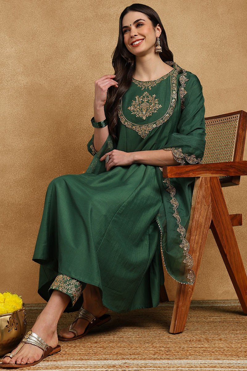 Green Silk Blend Solid Embroidered Anarkali Suit Set With Trouser Bott