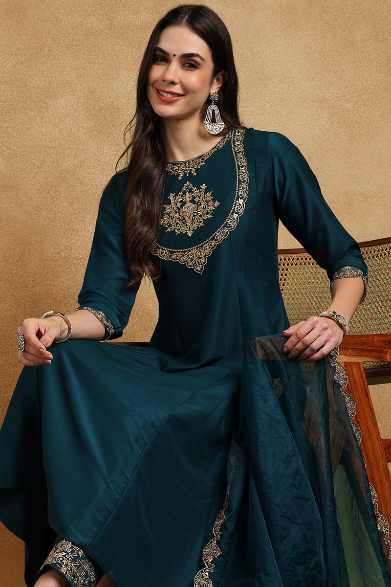 Teal Blue Silk Blend Solid Embroidered Anarkali Suit Set With Trouser 