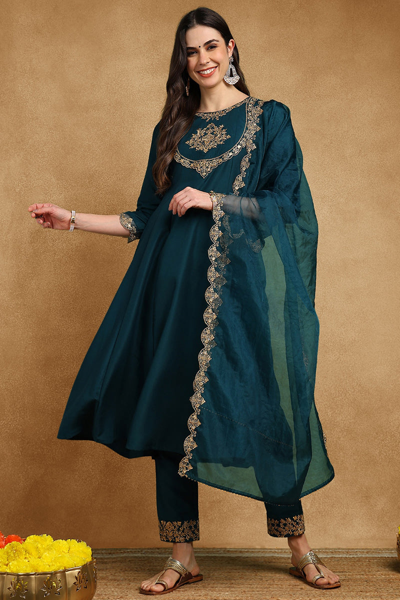 Teal Blue Silk Blend Solid Embroidered Anarkali Suit Set With Trouser 