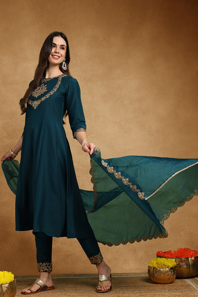 Teal Blue Silk Blend Solid Embroidered Anarkali Suit Set With Trouser 
