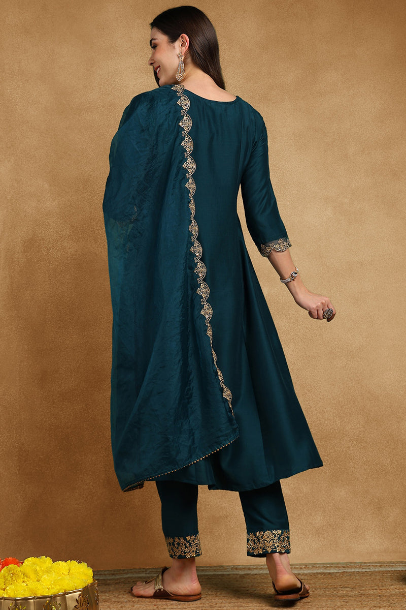Teal Blue Silk Blend Solid Embroidered Anarkali Suit Set With Trouser 