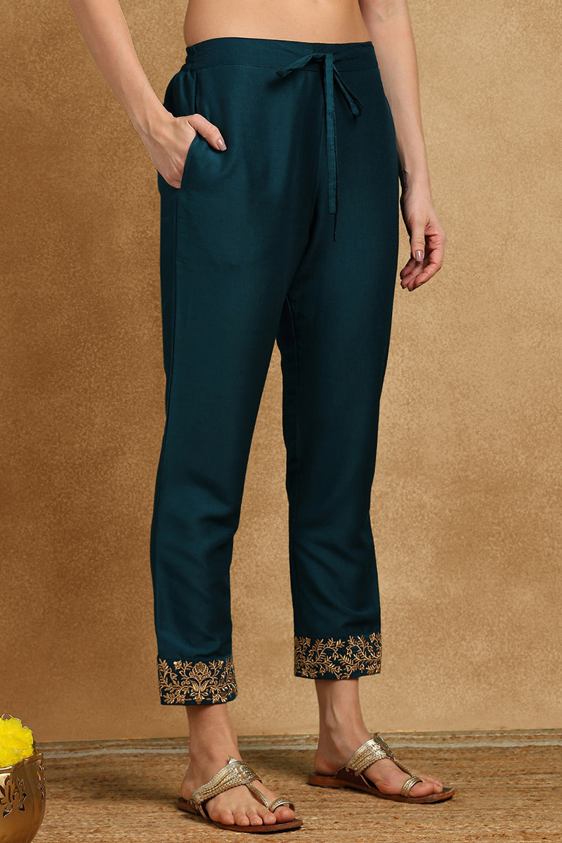 Teal Blue Silk Blend Solid Embroidered Anarkali Suit Set With Trouser 