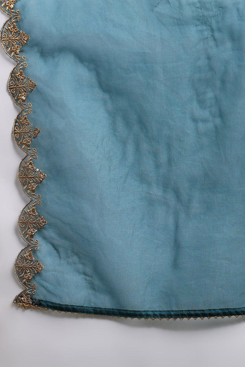 Teal Blue Silk Blend Solid Embroidered Anarkali Suit Set With Trouser 