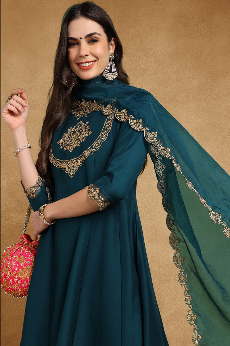 Teal Blue Silk Blend Solid Embroidered Anarkali Suit Set With Trouser 