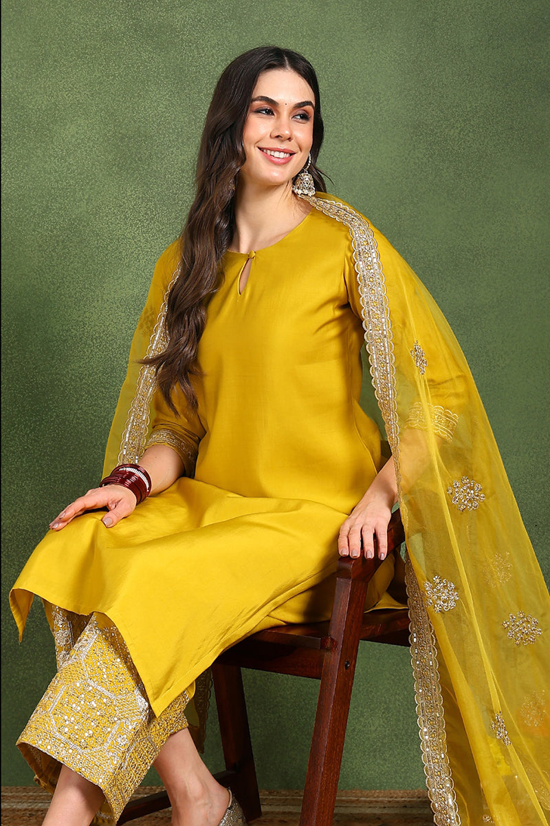 Yellow Silk Blend Solid Straight Suit Set With Palazzo Style Bottom PK