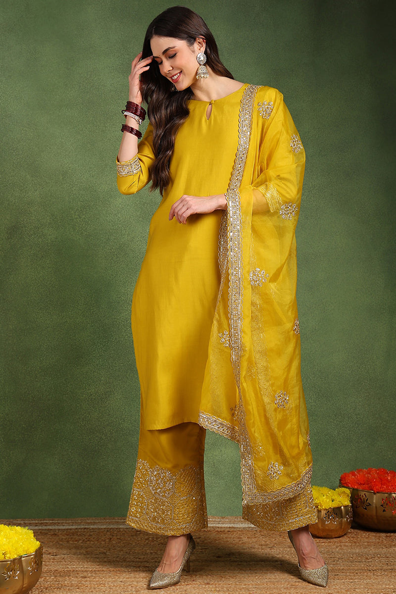 Yellow Silk Blend Solid Straight Suit Set With Palazzo Style Bottom PK