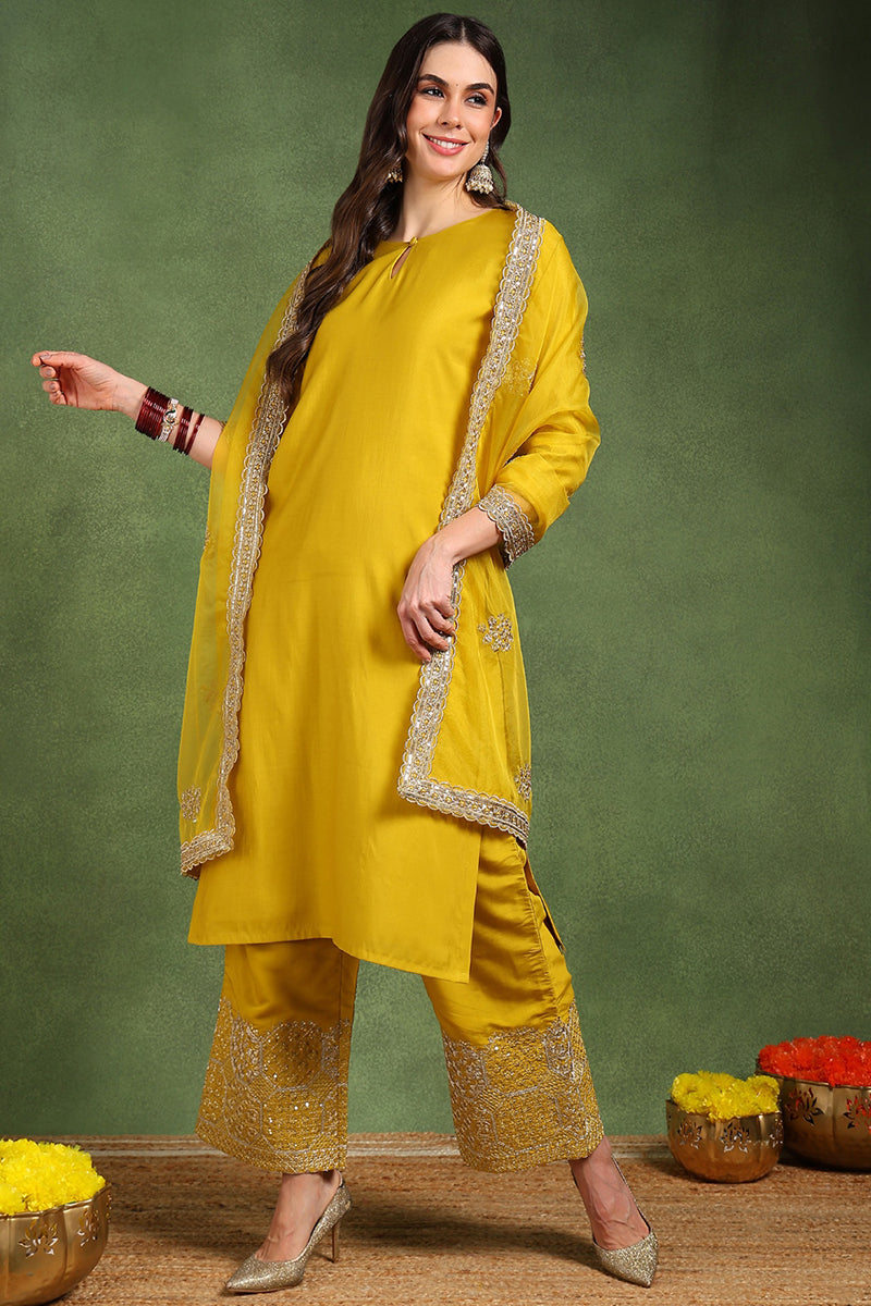 Yellow Silk Blend Solid Straight Suit Set With Palazzo Style Bottom PK