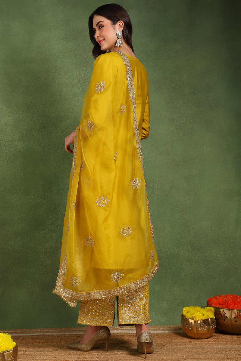 Yellow Silk Blend Solid Straight Suit Set With Palazzo Style Bottom PK