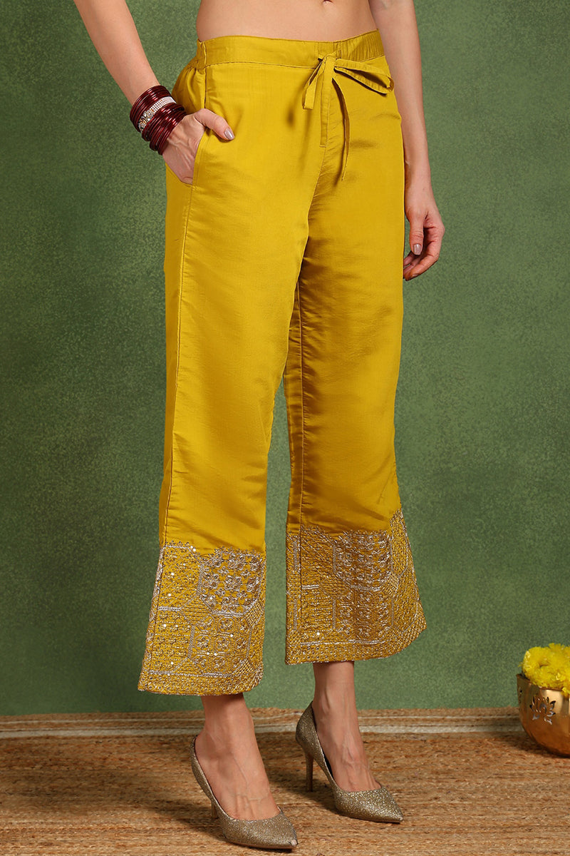 Yellow Silk Blend Solid Straight Suit Set With Palazzo Style Bottom PK