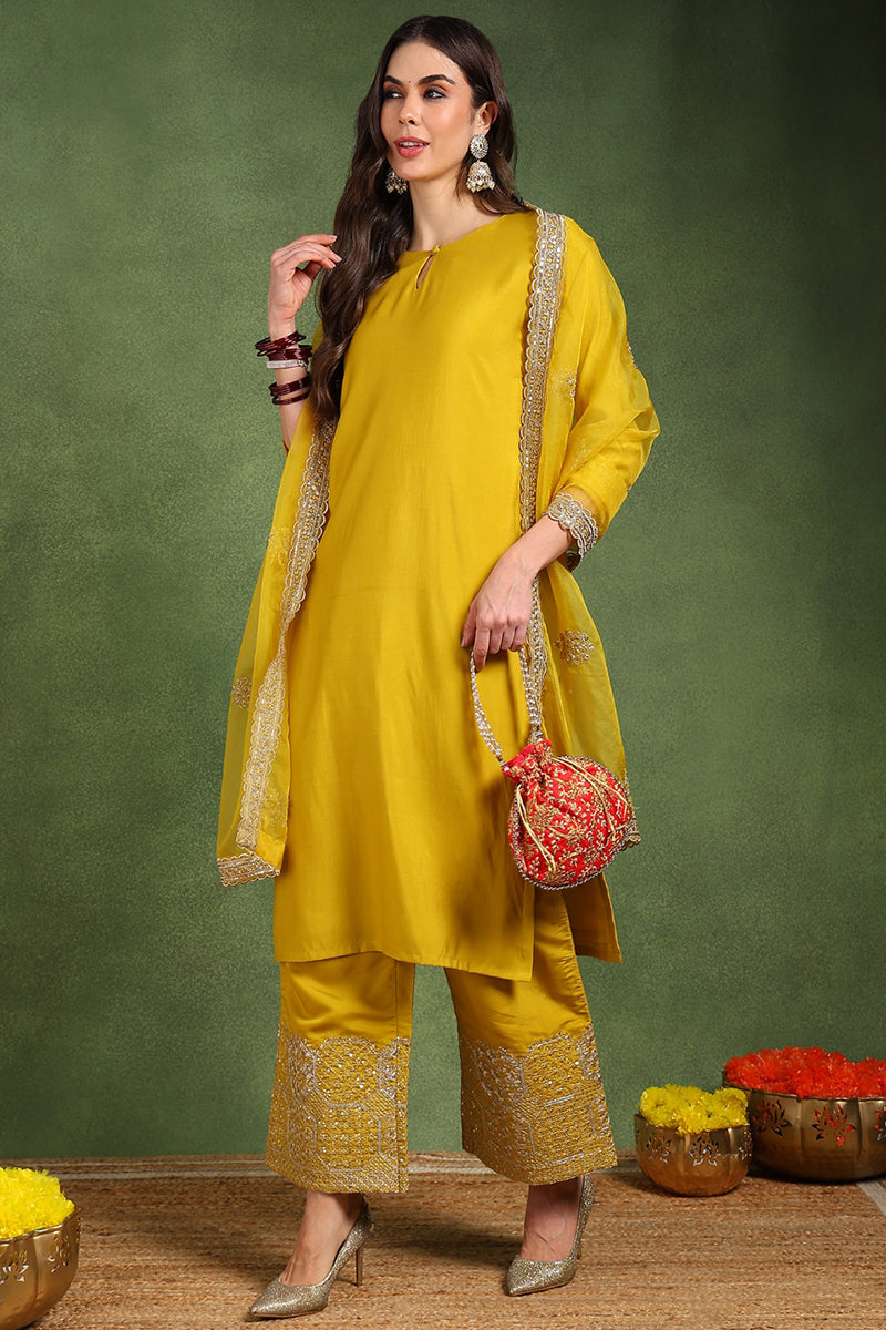 Yellow Silk Blend Solid Straight Suit Set With Palazzo Style Bottom PK