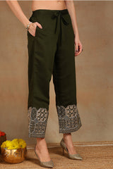 Olive Green Silk Blend Solid Straight Suit Set With Palazzo Style Bottom PKSKD2744