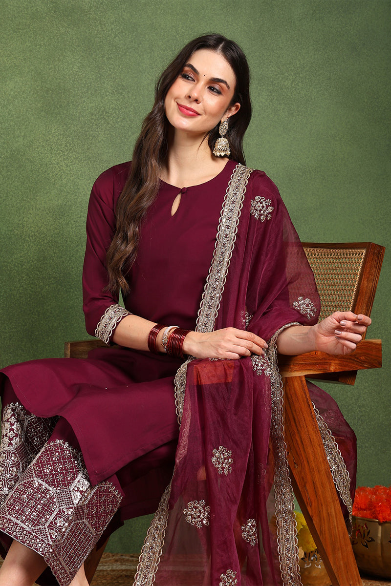 Burgundy Silk Blend Solid Straight Suit Set With Palazzo Style Bottom 
