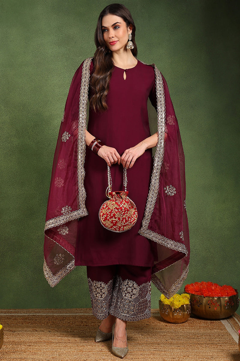 Burgundy Silk Blend Solid Straight Suit Set With Palazzo Style Bottom 