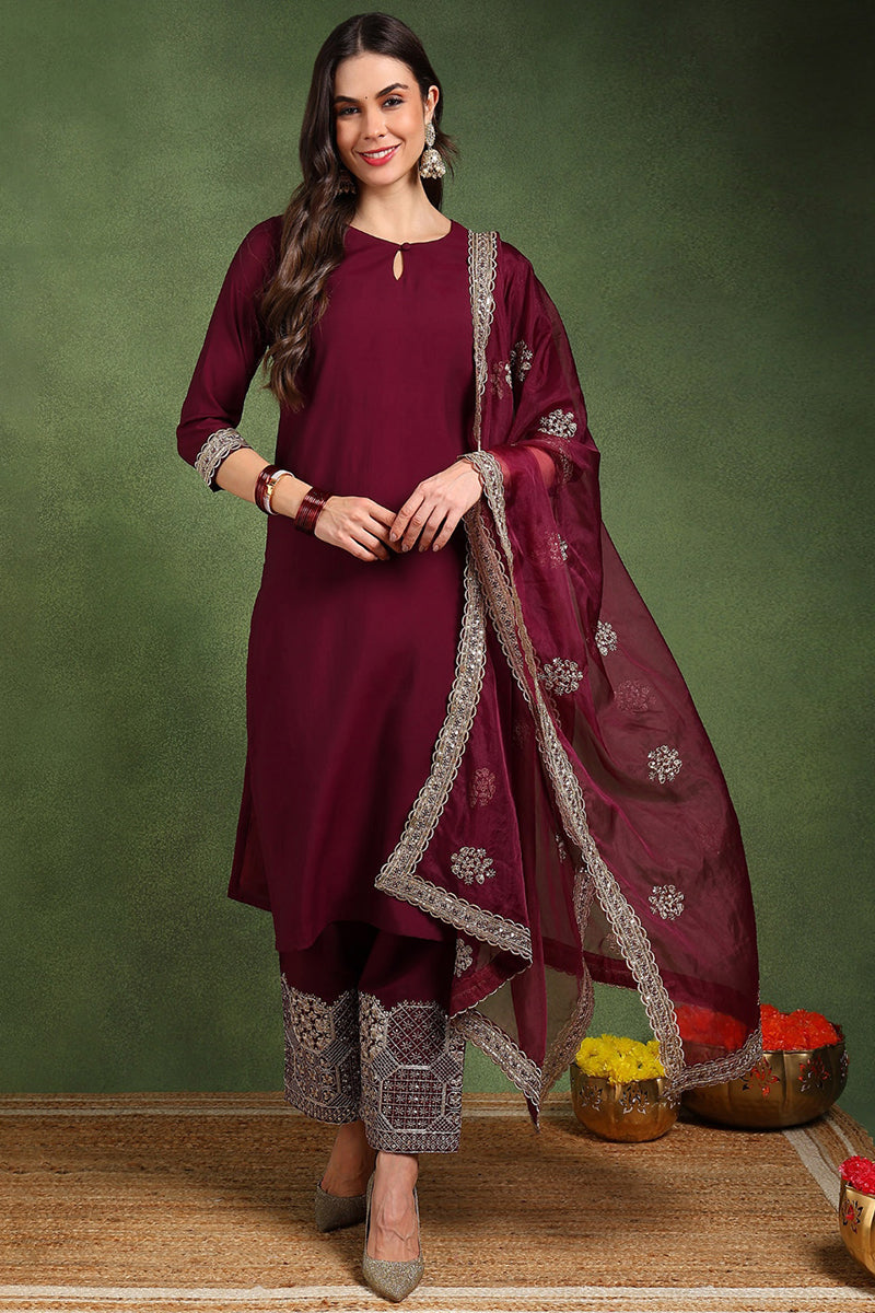 Burgundy Silk Blend Solid Straight Suit Set With Palazzo Style Bottom 