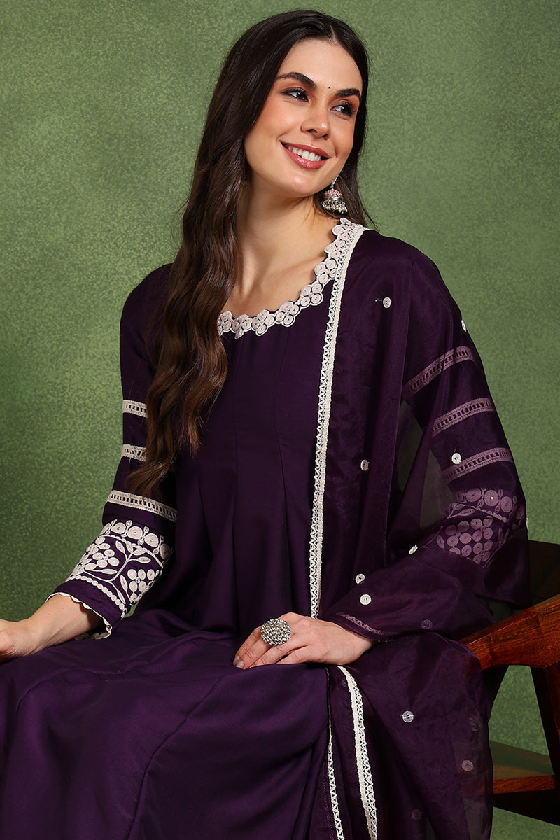Purple Silk Blend Round Patti Anarkali Kurta & Trousers With Dupatta H