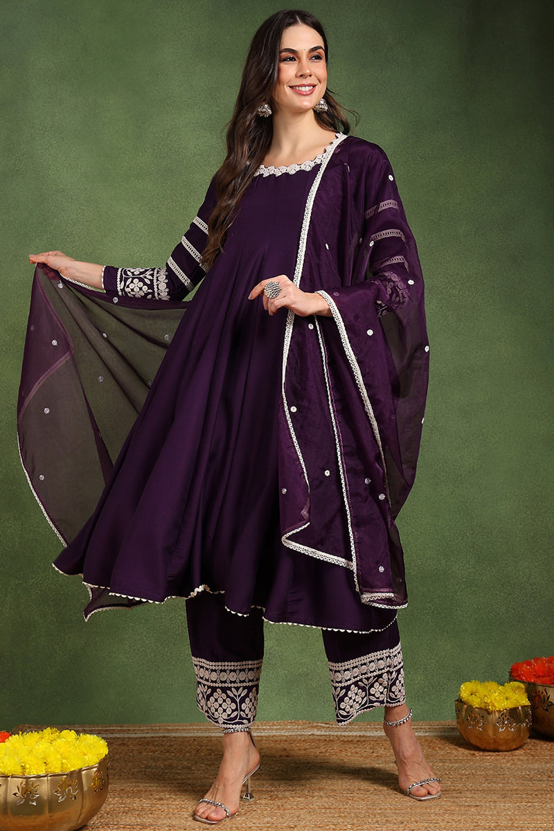Purple Silk Blend Round Patti Anarkali Kurta & Trousers With Dupatta H