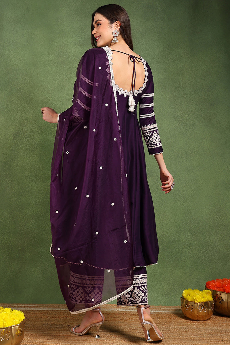 Purple Silk Blend Round Patti Anarkali Kurta & Trousers With Dupatta H