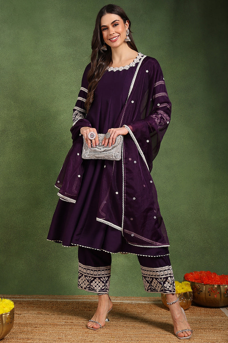 Purple Silk Blend Round Patti Anarkali Kurta & Trousers With Dupatta H