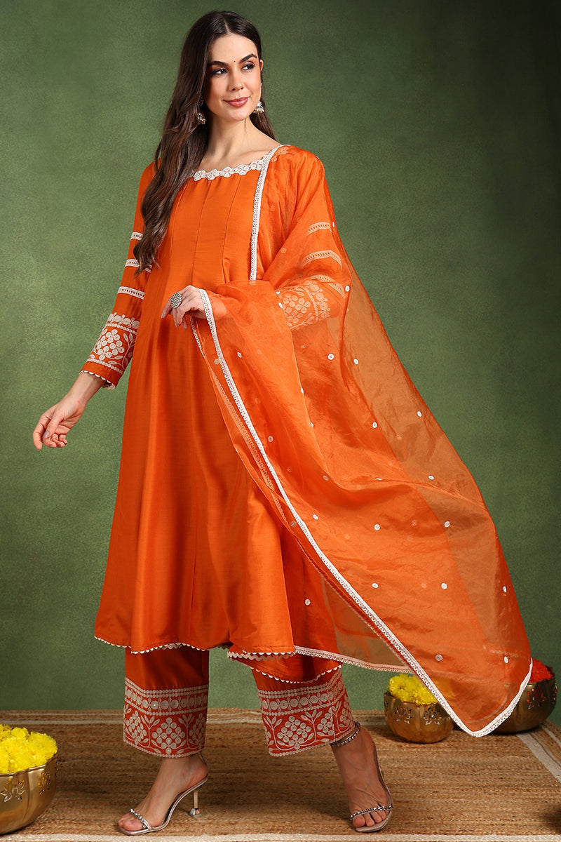 Orange Silk Blend Solid Embroidered Anarkali Suit Set PKSKD2760 | Desi