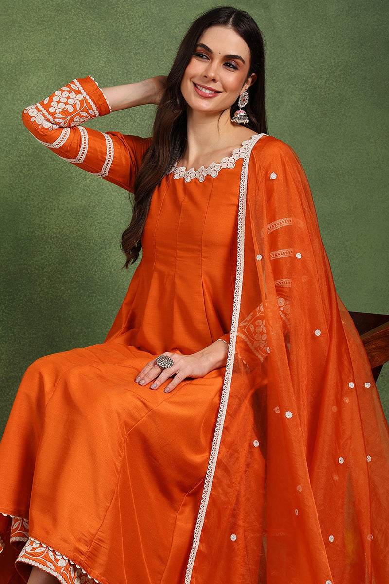 Orange Silk Blend Solid Embroidered Anarkali Suit Set PKSKD2760 | Desi