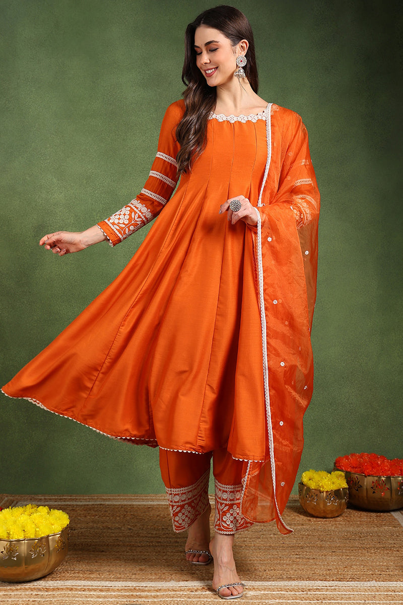 Orange Silk Blend Solid Embroidered Anarkali Suit Set PKSKD2760 | Desi