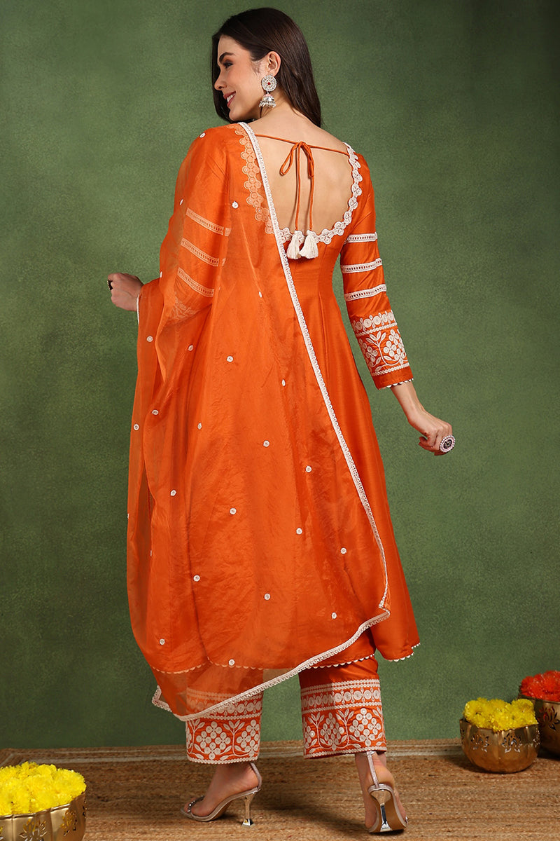 Orange Silk Blend Solid Embroidered Anarkali Suit Set PKSKD2760 | Desi