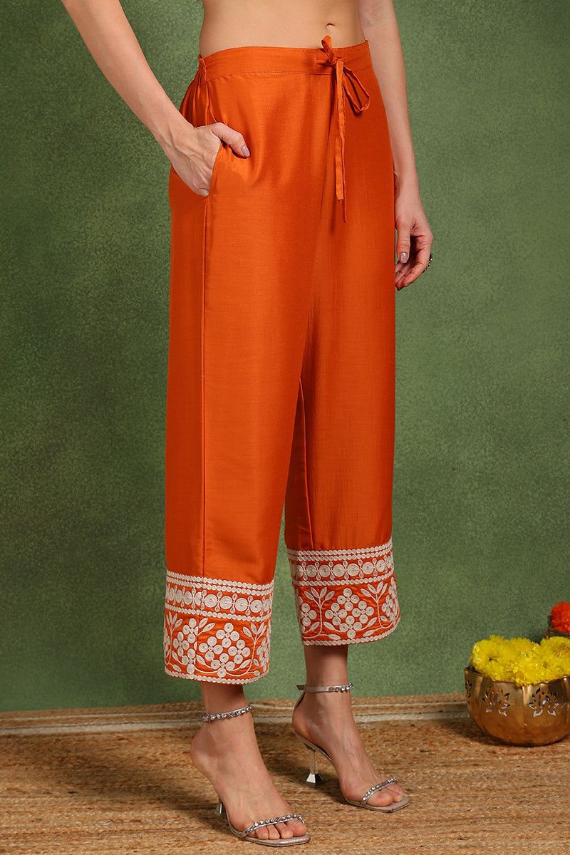 Orange Silk Blend Solid Embroidered Anarkali Suit Set PKSKD2760 | Desi
