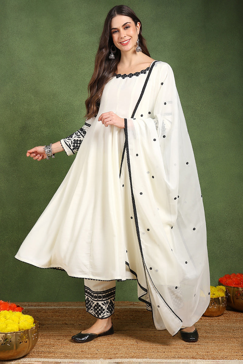 White Silk Blend Solid Embroidered Anarkali Suit Set PKSKD2761 | DesiQ