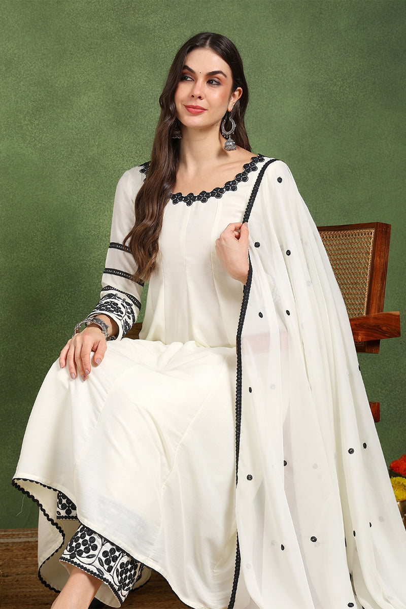 White Silk Blend Solid Embroidered Anarkali Suit Set PKSKD2761 | DesiQ