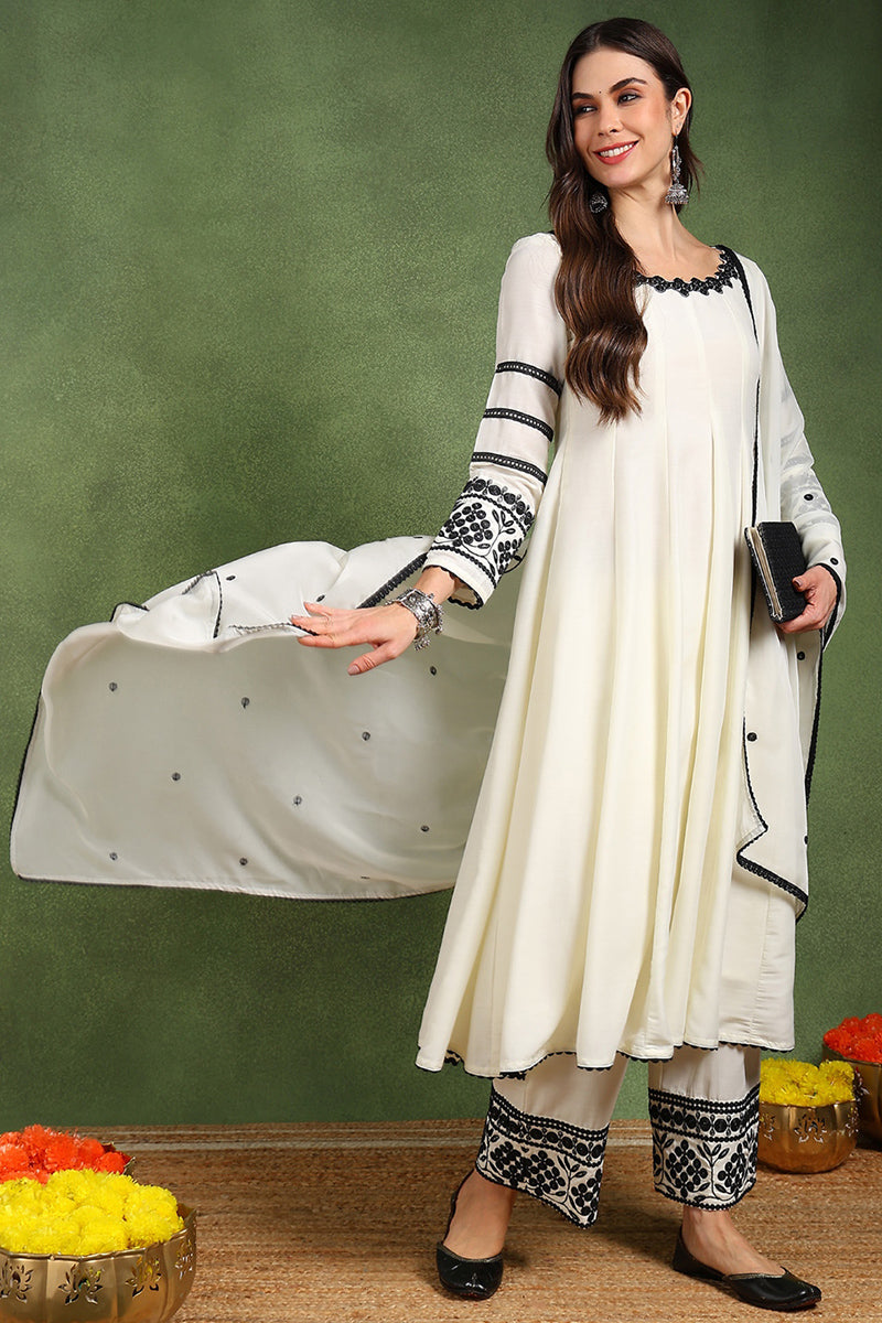 White Silk Blend Solid Embroidered Anarkali Suit Set PKSKD2761 | DesiQ