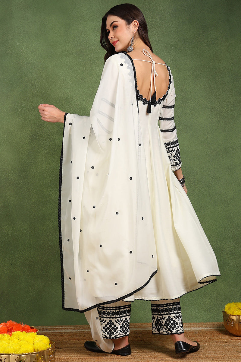 White Silk Blend Solid Embroidered Anarkali Suit Set PKSKD2761 | DesiQ