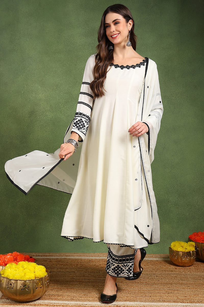 White Silk Blend Solid Embroidered Anarkali Suit Set PKSKD2761 | DesiQ
