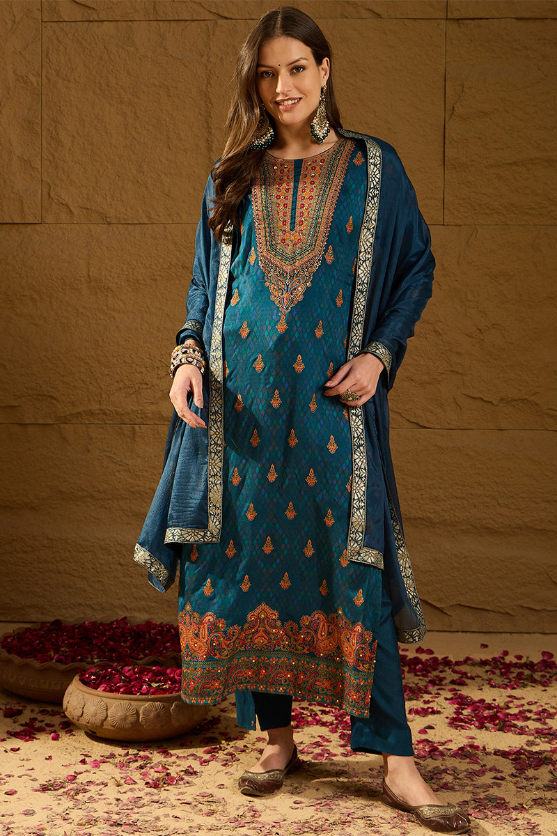 Blue Pure Silk Woven Design Straight Kurta Trousers With Dupatta HOPPK