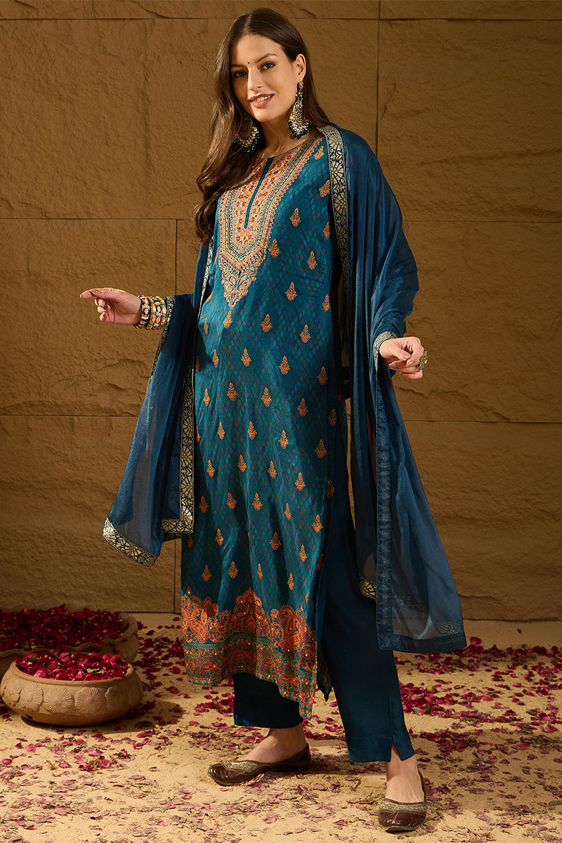 Blue Pure Silk Woven Design Straight Kurta Trousers With Dupatta HOPPK
