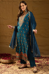 Blue Pure Silk Woven Design Straight Kurta Trousers With Dupatta HOPPKSKD2764