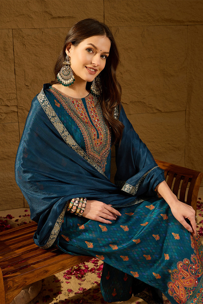 Blue Pure Silk Woven Design Straight Kurta Trousers With Dupatta HOPPK