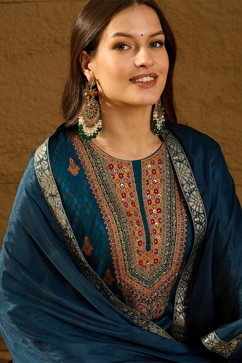 Blue Pure Silk Woven Design Straight Kurta Trousers With Dupatta HOPPK