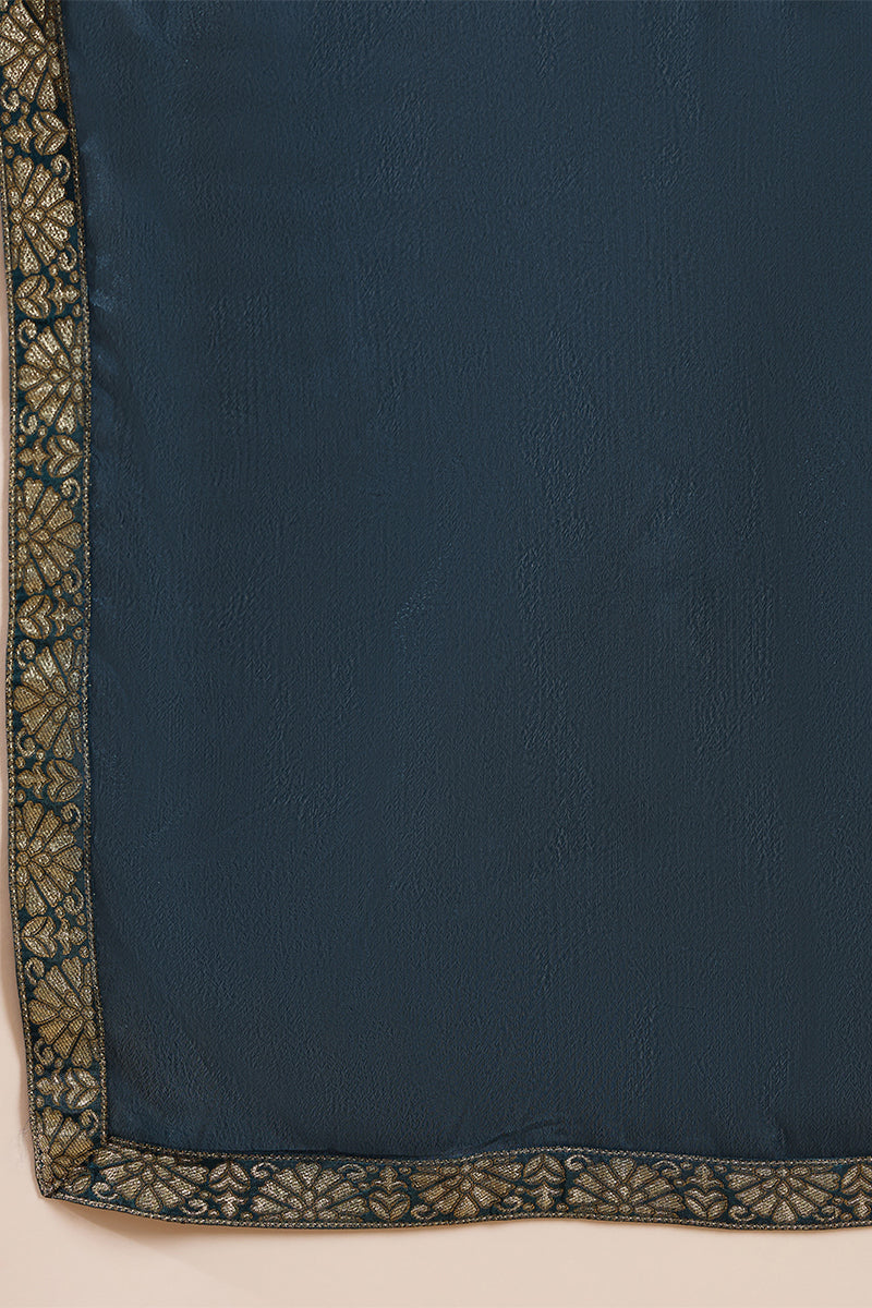 Blue Pure Silk Woven Design Straight Kurta Trousers With Dupatta HOPPK