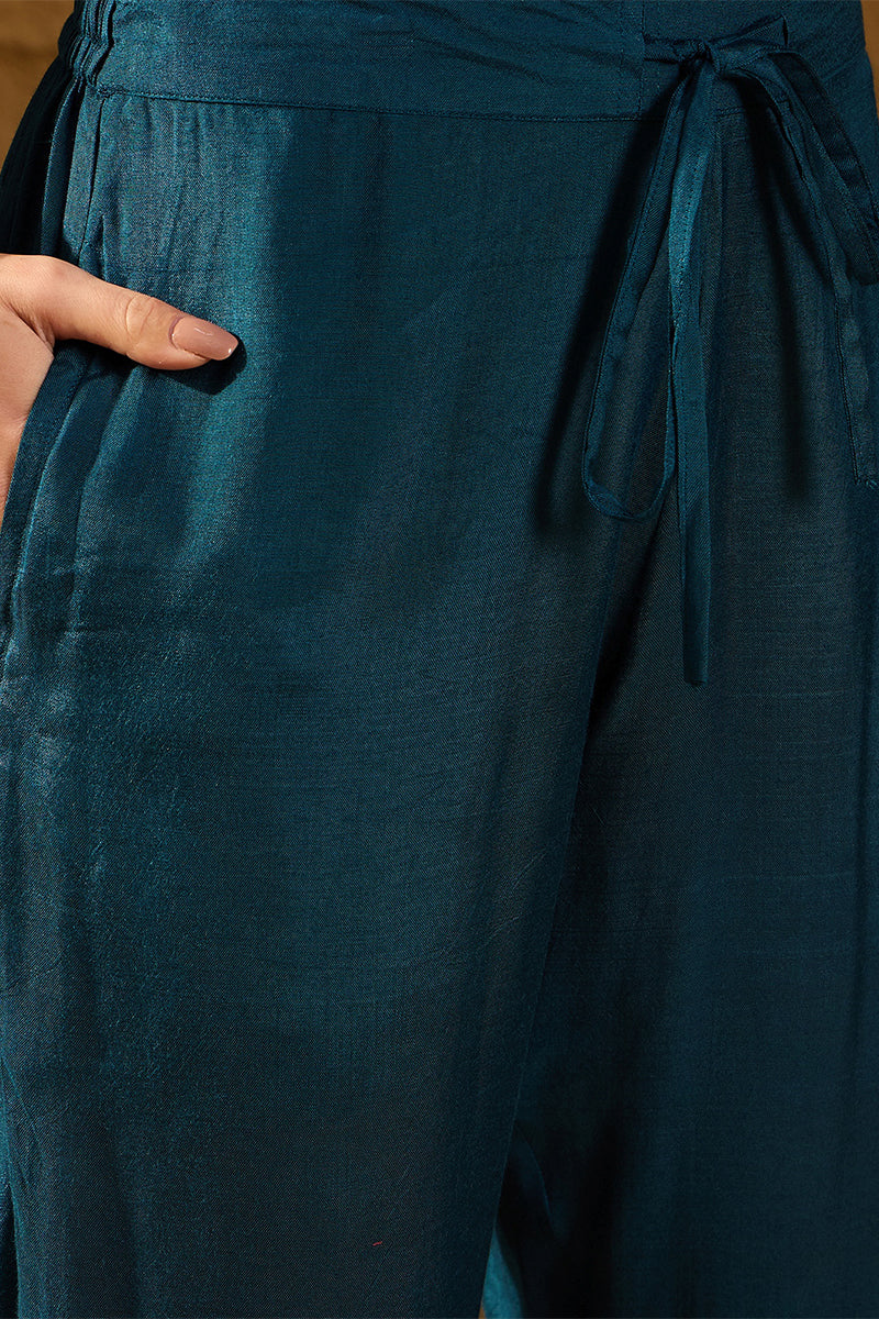Blue Pure Silk Woven Design Straight Kurta Trousers With Dupatta HOPPK