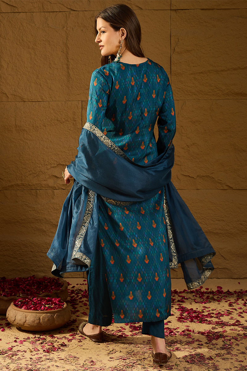 Blue Pure Silk Woven Design Straight Kurta Trousers With Dupatta HOPPK
