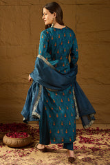 Blue Pure Silk Woven Design Straight Kurta Trousers With Dupatta HOPPKSKD2764