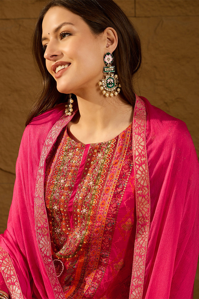Pink Silk Ethnic Motifs Woven Design Straight Kurta Trousers With Dupa
