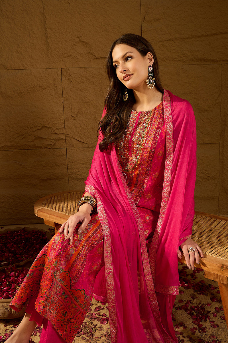 Pink Silk Ethnic Motifs Woven Design Straight Kurta Trousers With Dupa