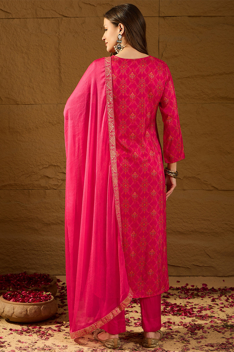 Pink Silk Ethnic Motifs Woven Design Straight Kurta Trousers With Dupa