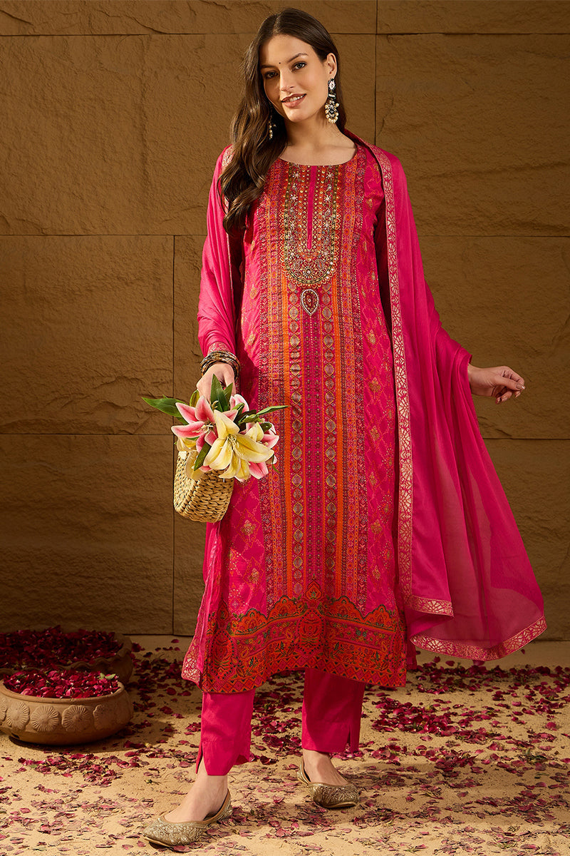 Pink Silk Ethnic Motifs Woven Design Straight Kurta Trousers With Dupa