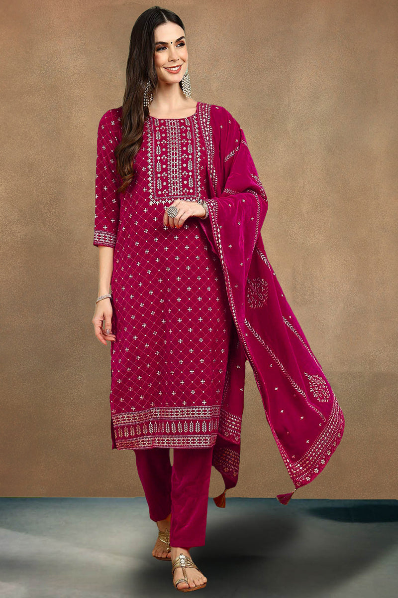 Pink Velvet Ethnic Motifs Printed Straight Suit Set PKSKD2766 | DesiQl
