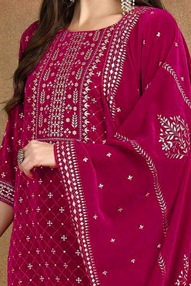 Pink Velvet Ethnic Motifs Printed Straight Suit Set PKSKD2766 | DesiQl